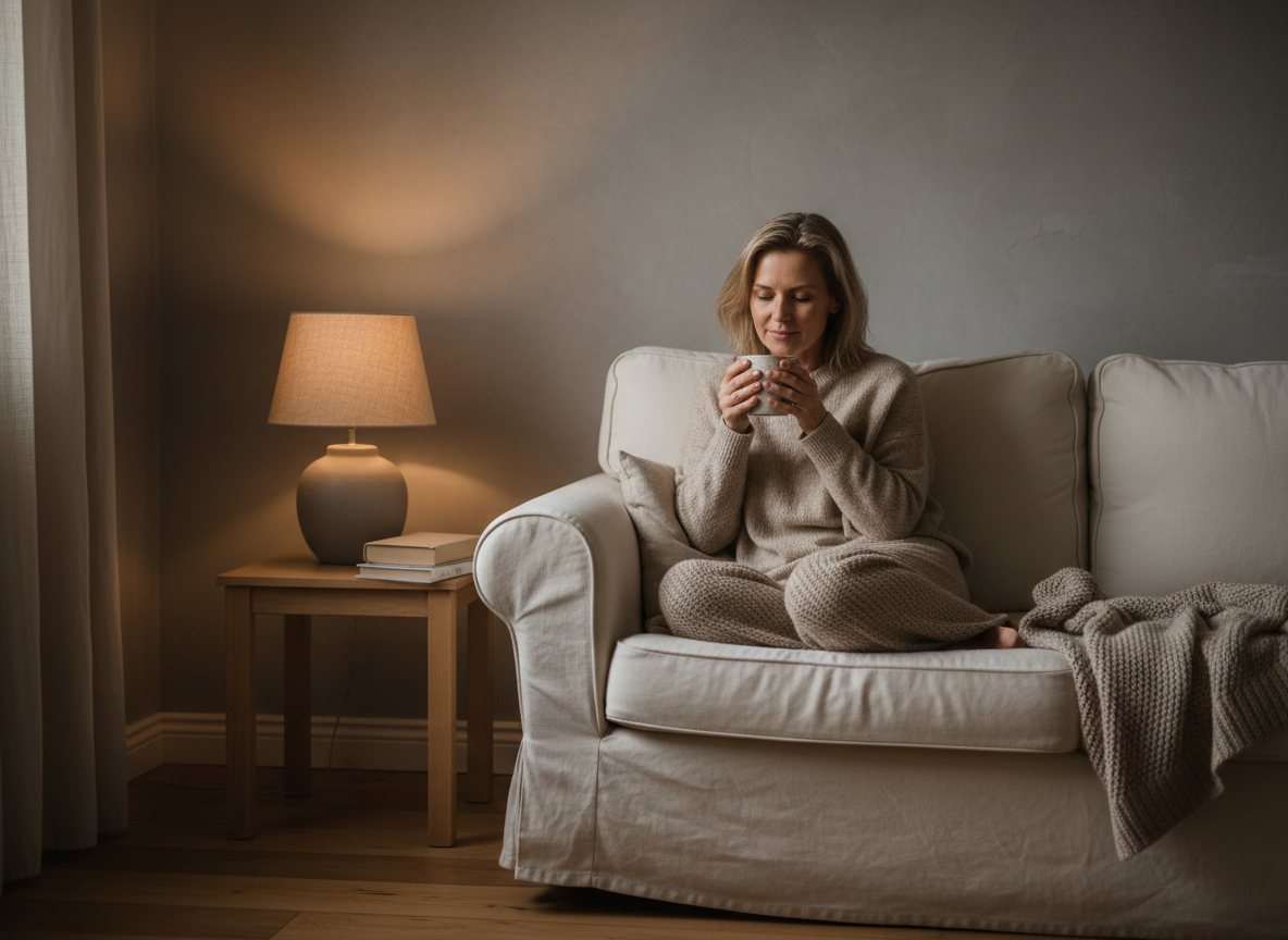 Woman sitting calmly on a sofa with a cup of herbal tea in soft evening lamp light