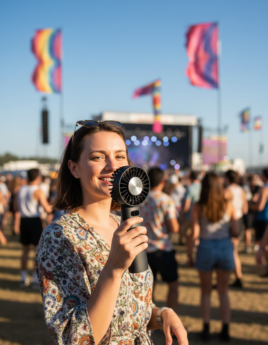 Woman at an outdoor summer festival holding a black AERØ ONE with its cooling plate facing her