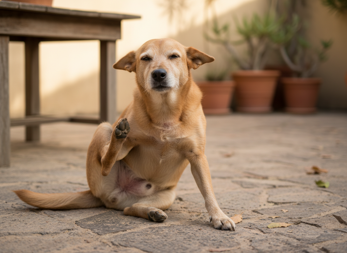 Cane che si gratta insistentemente il collo con la zampa posteriore, zona del prurito evidenziata in rosso