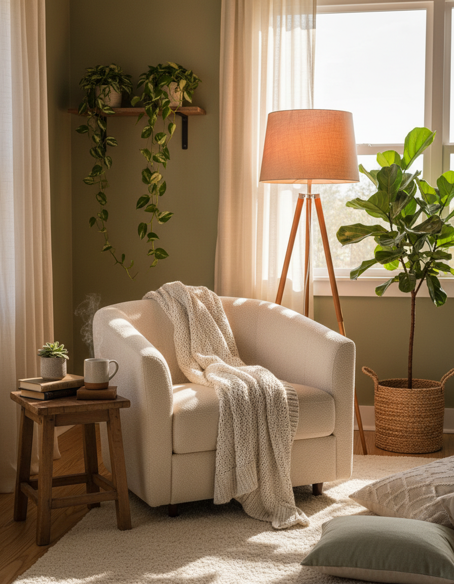 Cosy living room with armchair, warm lamp light and trailing plants