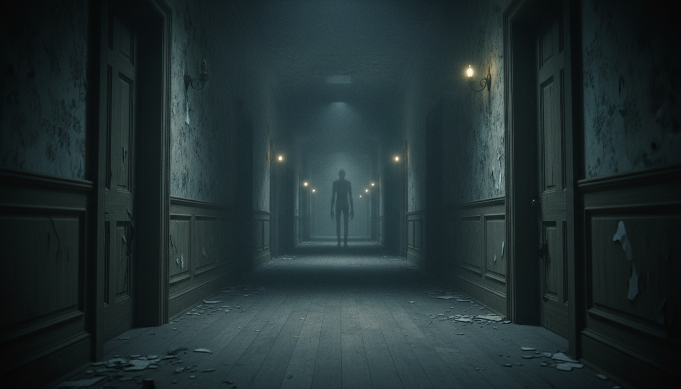Endless, decaying manor corridor lit by a few dim wall sconces and filled with drifting fog, where a tall, unnaturally thin figure stands blurred and motionless far down the hall