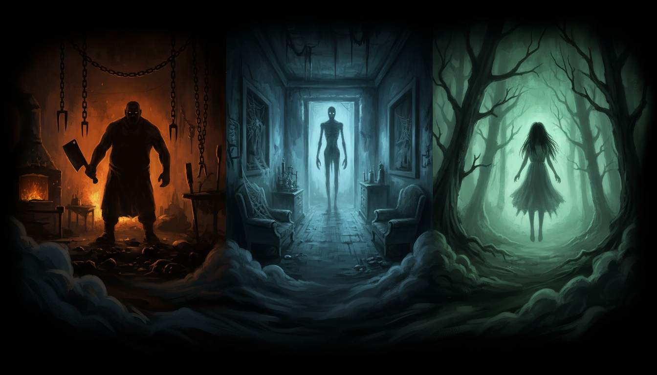 Three nightmares joined by fog: a hulking butcher with glowing eyes gripping a cleaver beneath hanging chains and meat hooks, a gaunt figure in a decaying blue-lit hallway, and a floating ghost girl in a misty green forest