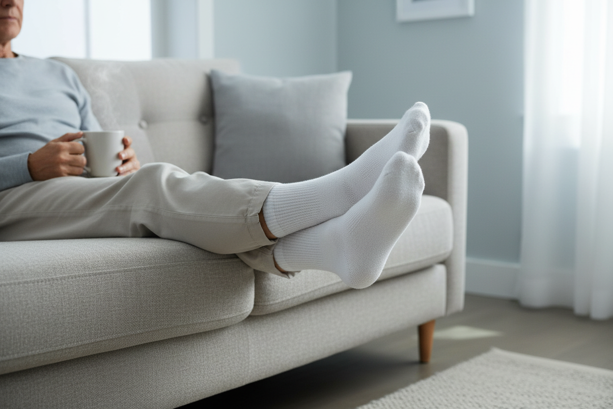 Person relaxing on a grey sofa wearing soft white non-binding diabetic crew socks