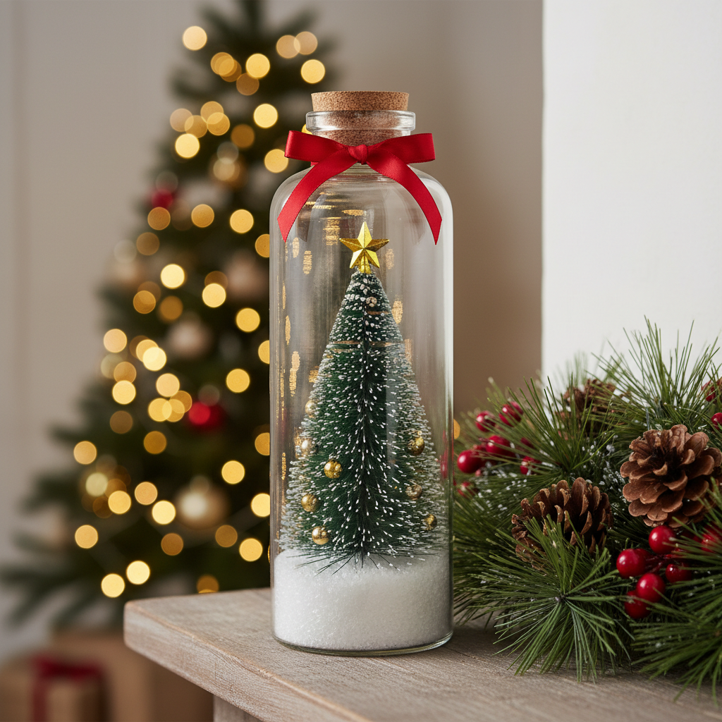 Glass tree bottle on a wooden mantel beside pine garland and pinecones, with a lit Christmas tree behind