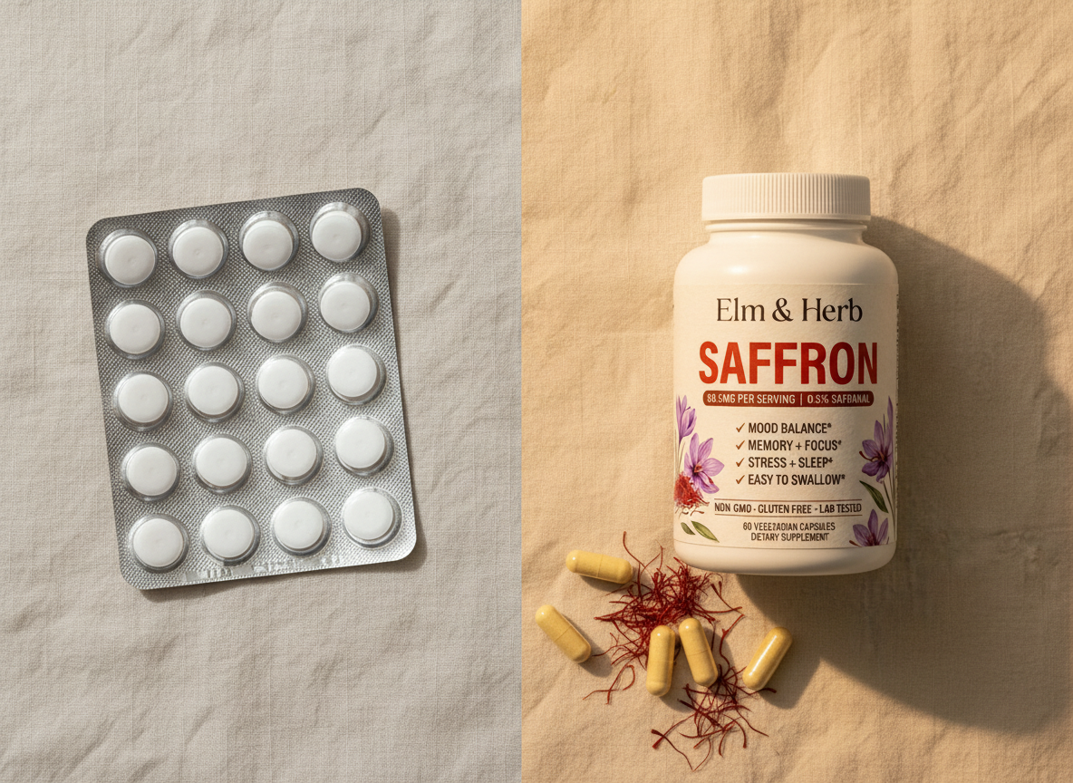 A blister pack of pharmaceutical pills beside a bottle of Elm & Herb Saffron with its capsules and red saffron threads