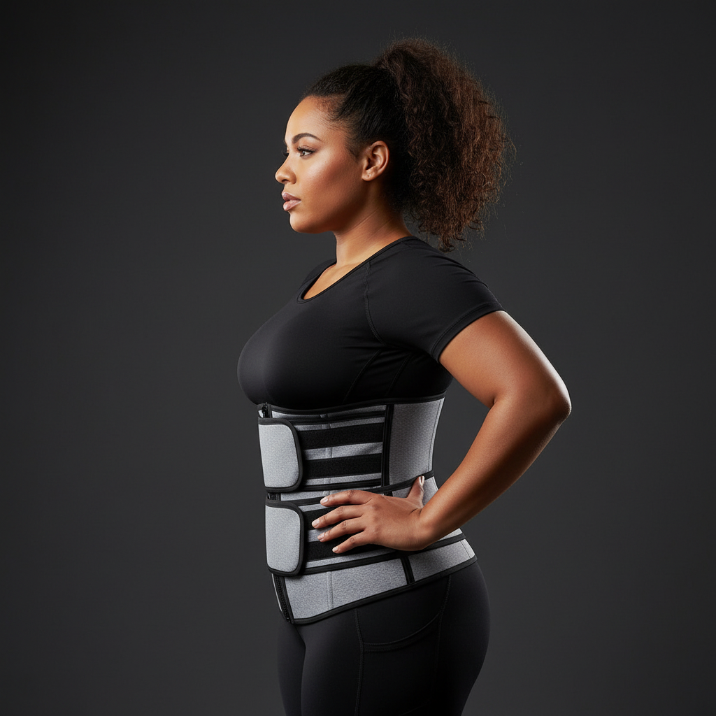 Side profile of a woman wearing the heather gray double-belt waist trainer