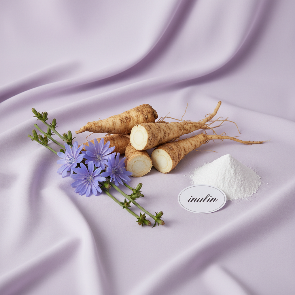 Radici e fiori di cicoria accanto a polvere di inulina