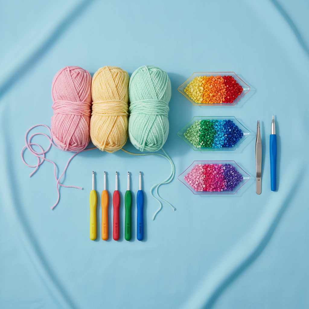 Fournitures créatives : pelotes de laine, crochets et strass
