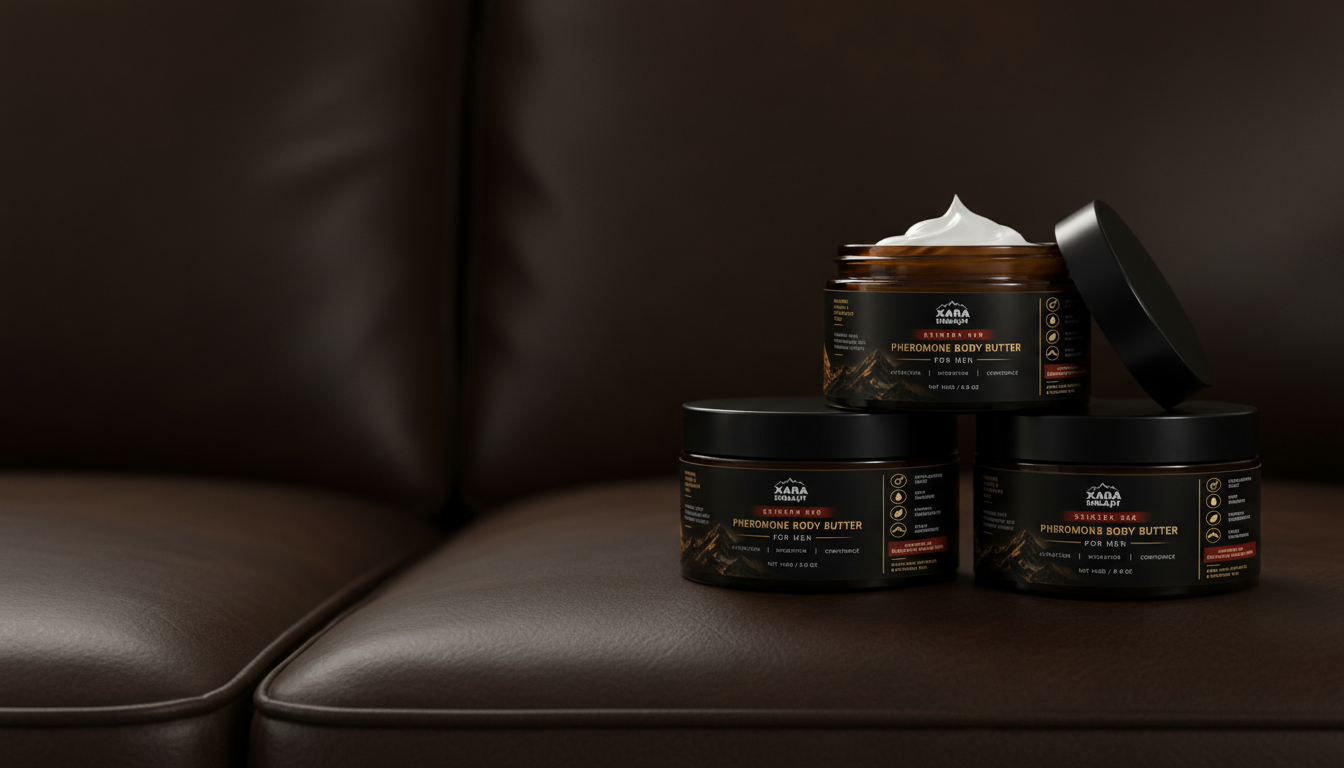 Three jars of XARA Shilajit pheromone body butter stacked on a dark leather sofa, the top jar open to show the white cream