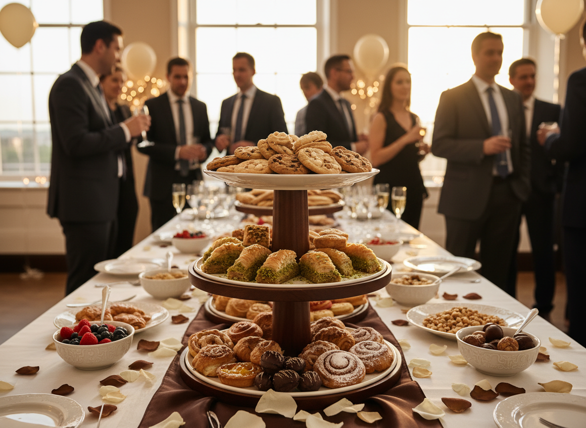 Office celebration table with platters of cookies and pastries