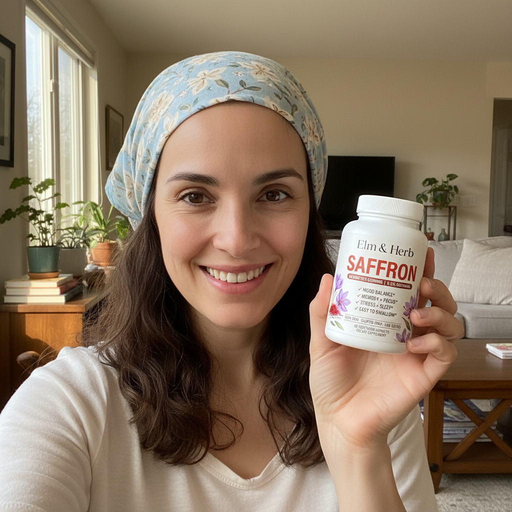 Customer holding her bottle of Elm & Herb Saffron in her living room