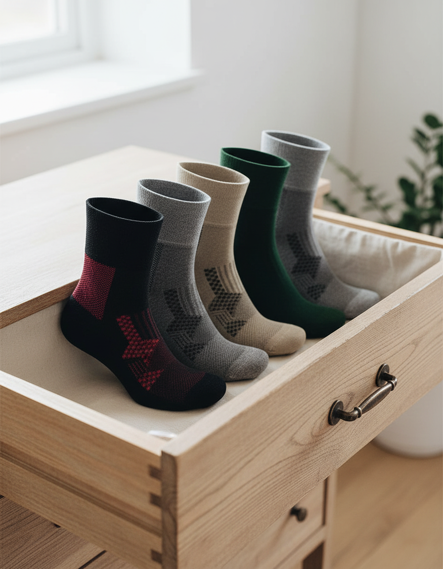 Colorful bamboo socks neatly organized in an open wooden drawer