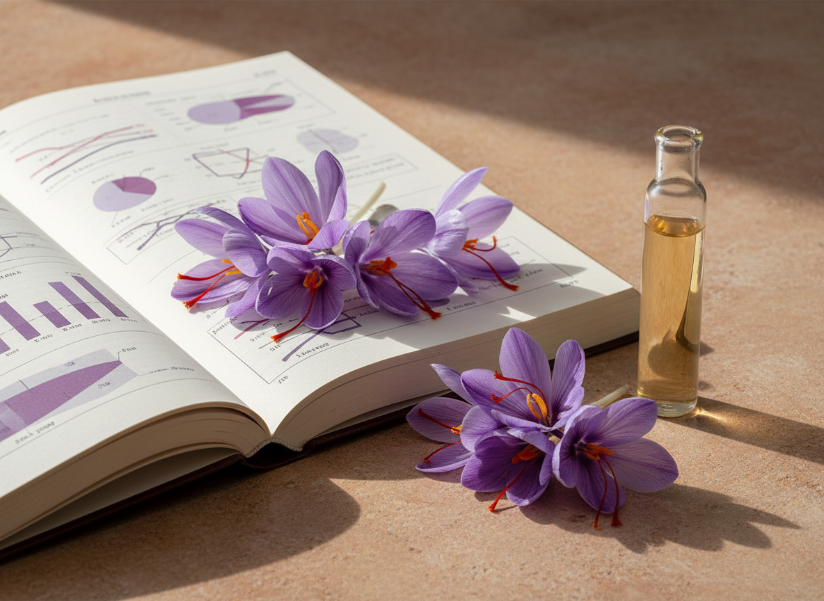 Saffron crocus flowers laid beside an open research journal and a laboratory vial