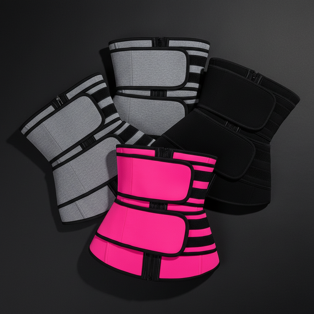 Waist trainers in neon pink, heather gray and black fanned out on a dark surface