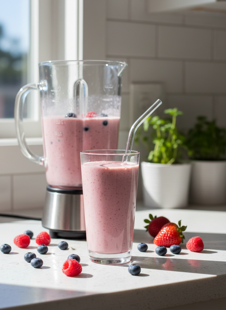 A berry smoothie next to a blender
