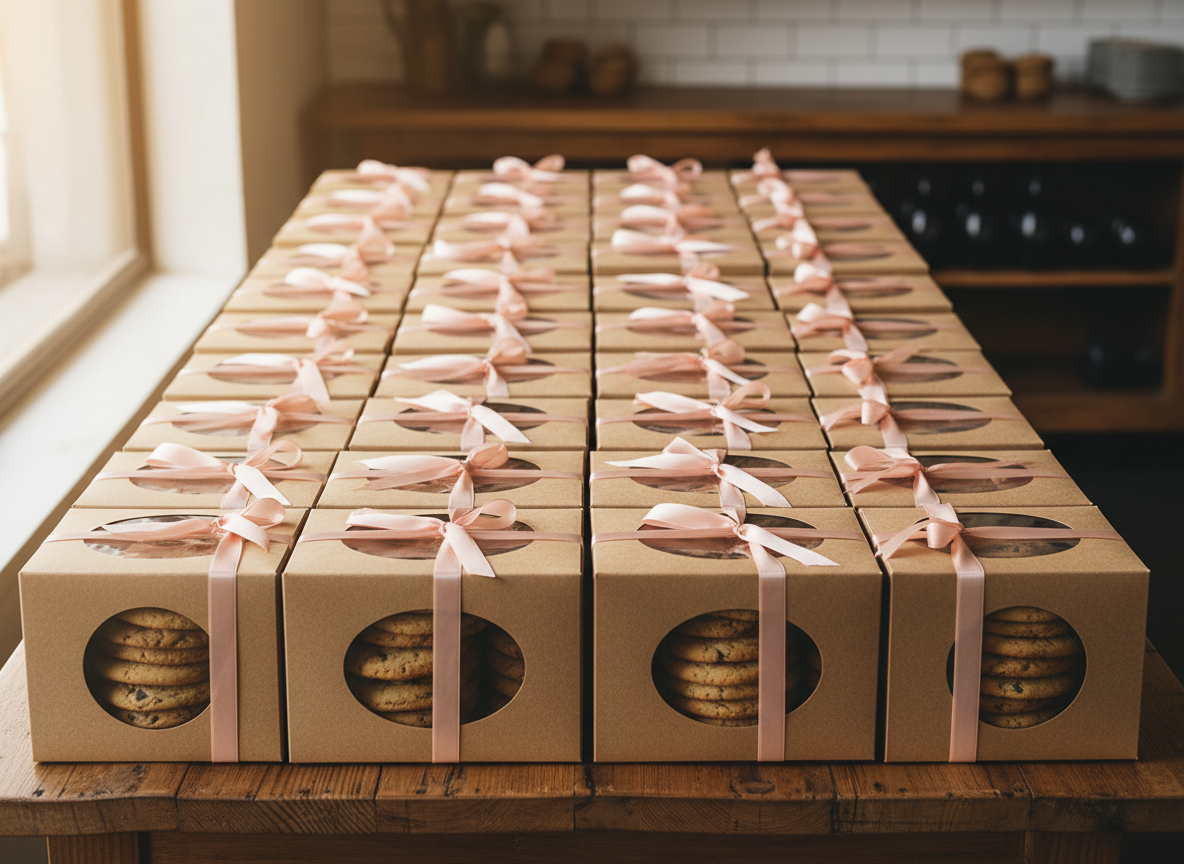 Rows of kraft cookie gift boxes ready for a bulk order