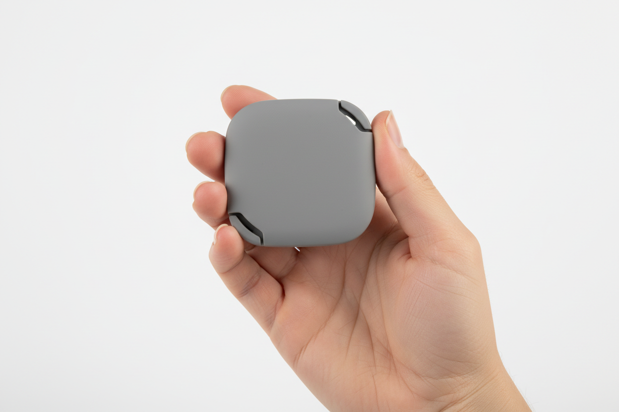 Hand holding a small matte grey focus device