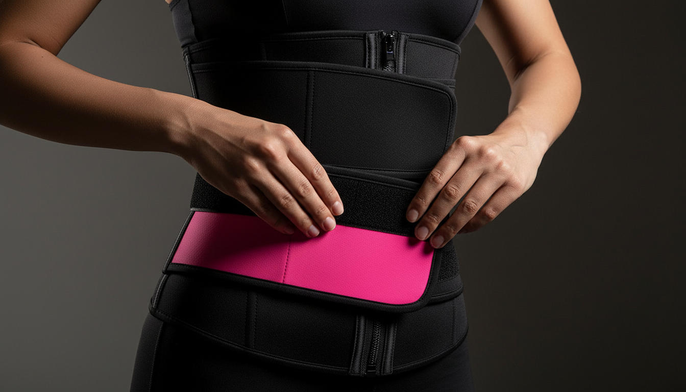 Hands fastening the wide hook-and-loop belt of a black waist trainer