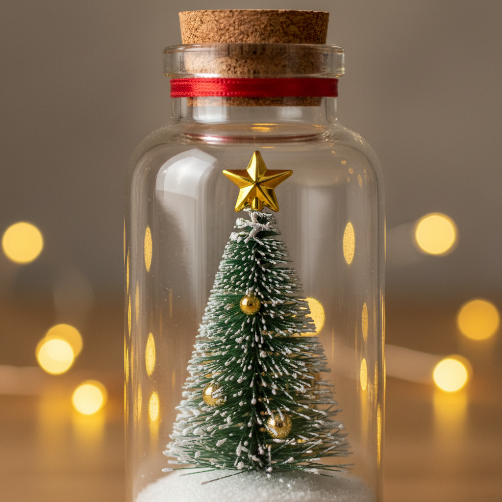 Close-up of the frosted mini tree with gold baubles and gold star inside the glass bottle