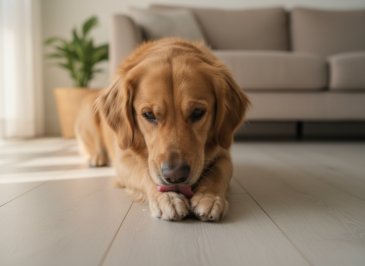 Cane sdraiato che si lecca ossessivamente le zampe anteriori, zona evidenziata in rosso