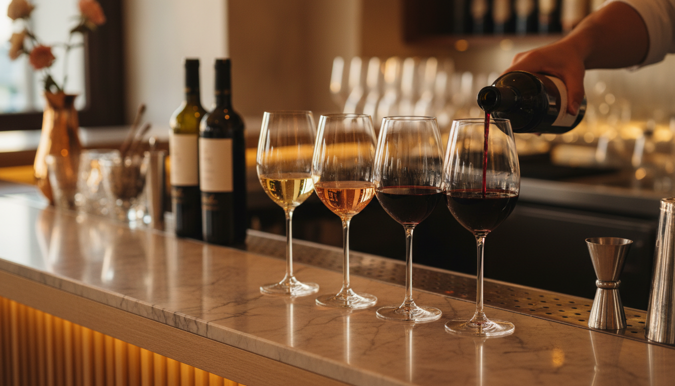 A row of white, rosé and red wines served by the glass on a wine bar counter as a bartender pours