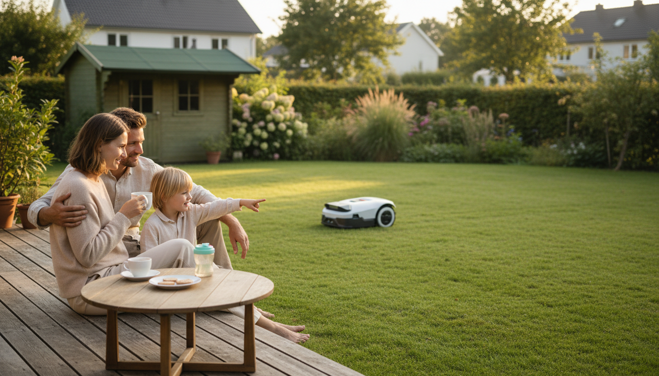 Šeima ilsisi terasoje, kol vejos robotas pjauna žolę