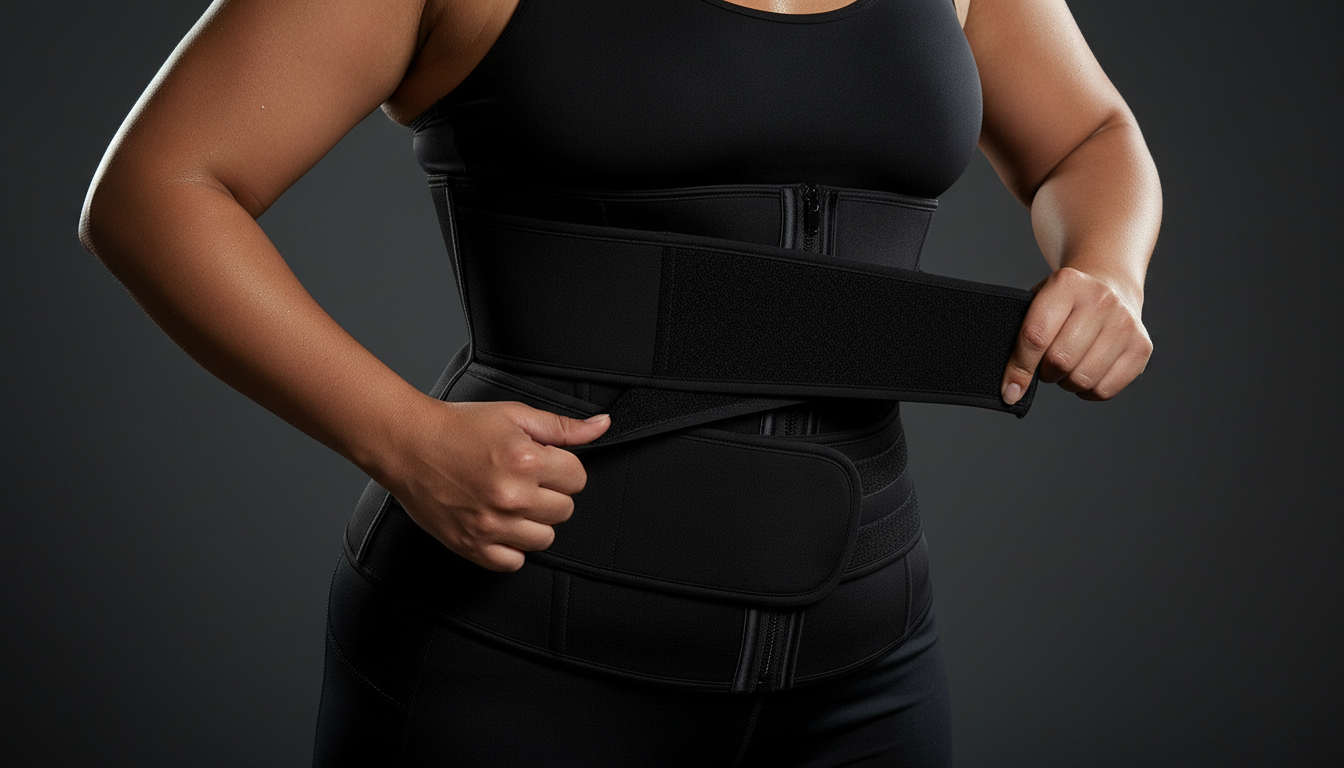 Woman pulling the adjustable strap of a black waist trainer tight across her waist