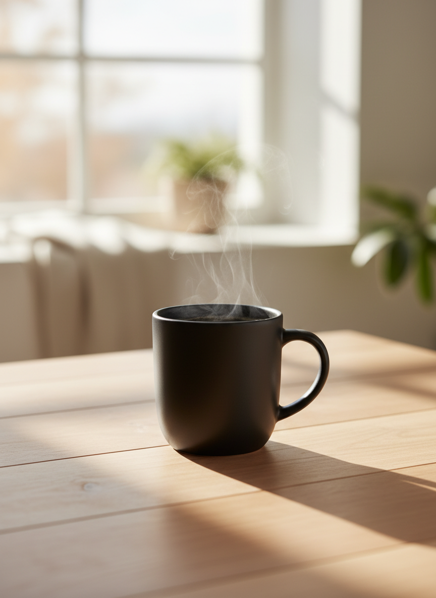 A mug of hot coffee on a sunlit wooden table