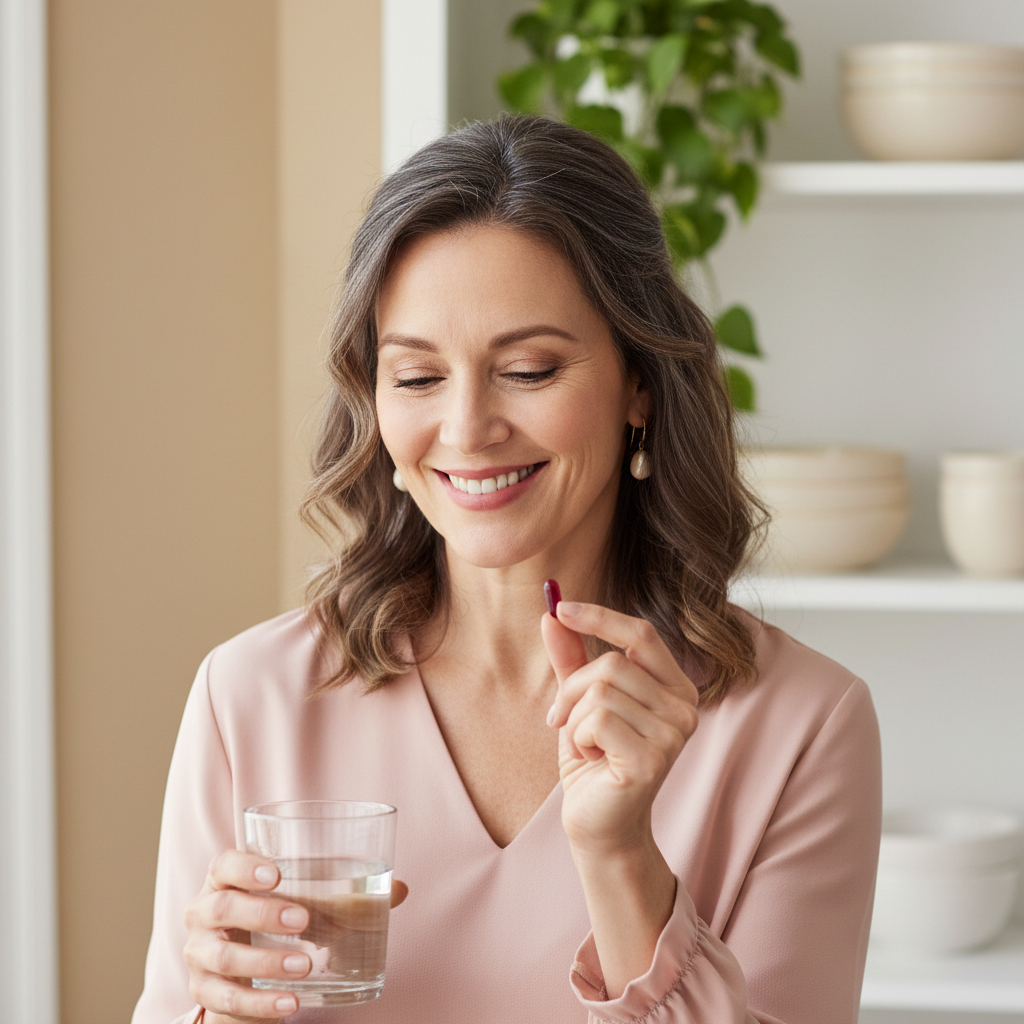 Woman in her fifties smiling as she takes a UTI Control capsule with a glass of water