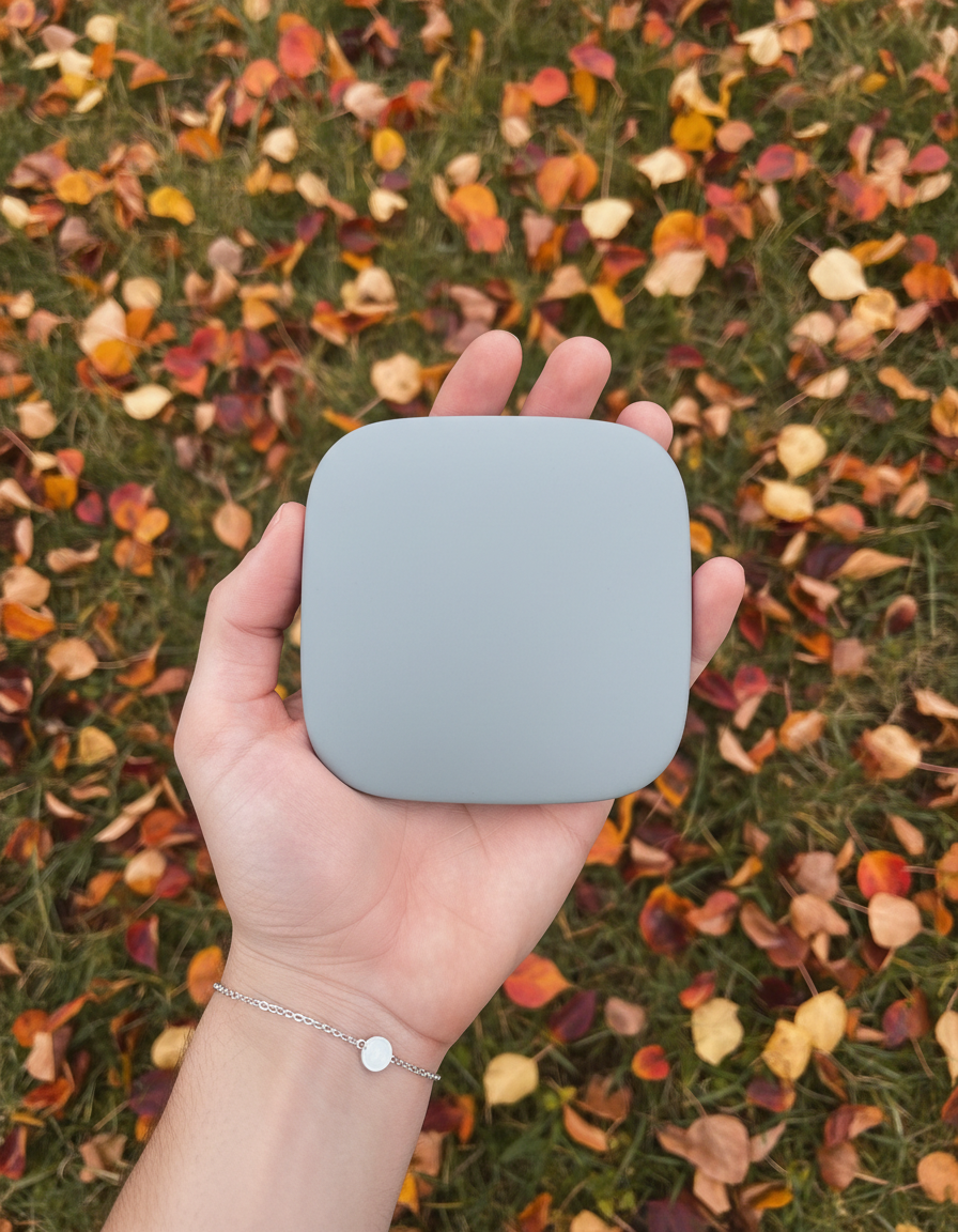 Open hand holding the grey focus device above autumn grass