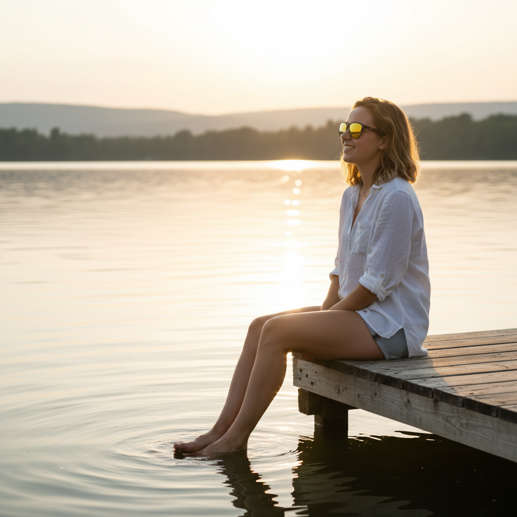 Woman sitting on a lakeside dock at golden hour wearing H2OAthletics floating sunglasses