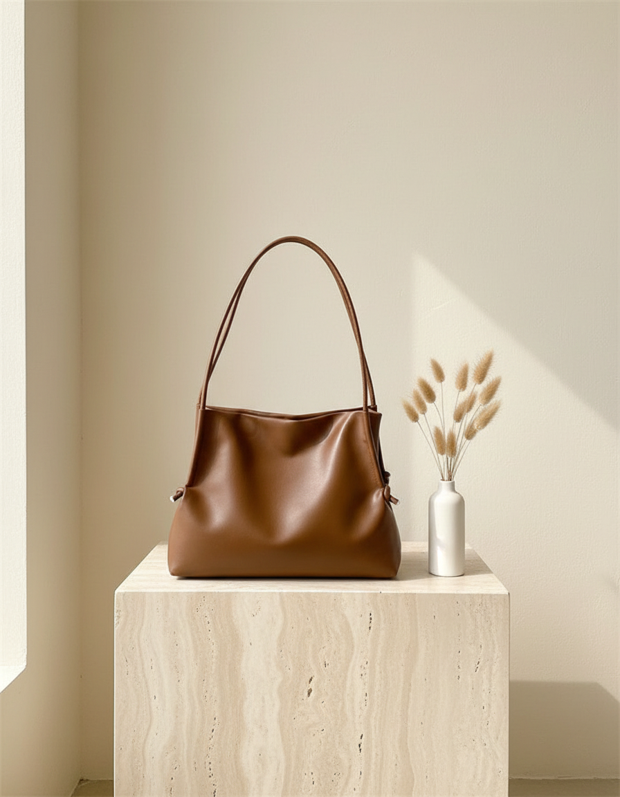 Leather shoulder bag on a travertine side table with dried flowers