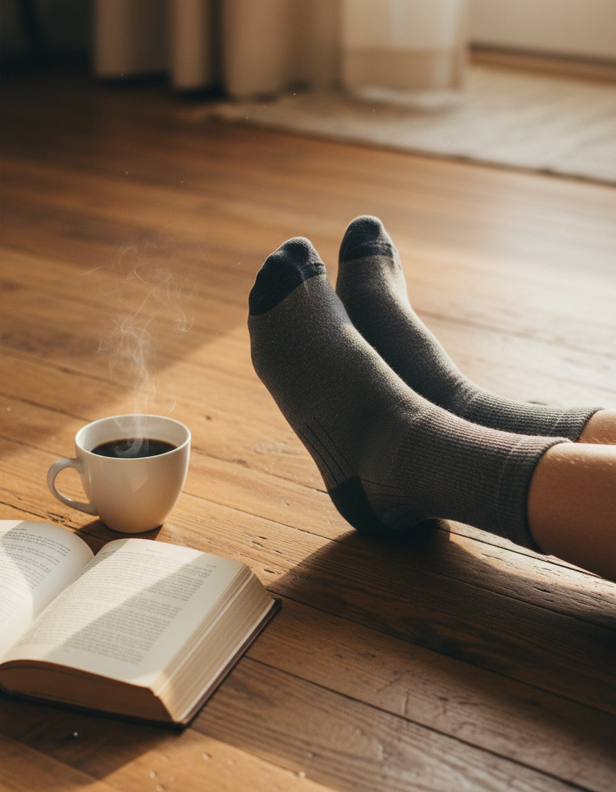 Feet in striped crew socks on a wooden floor beside a coffee cup and a book