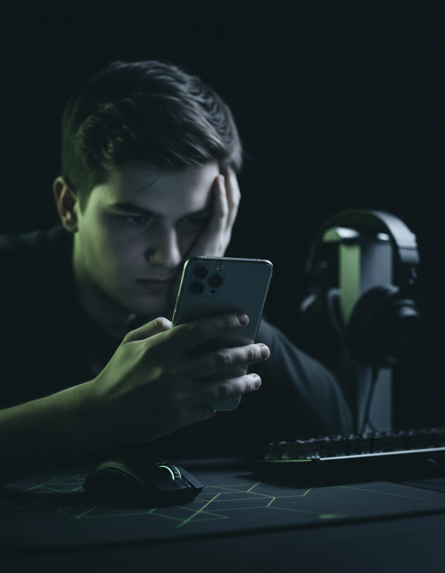 Joueur concentré dans une pièce sombre, le visage éclairé par son smartphone