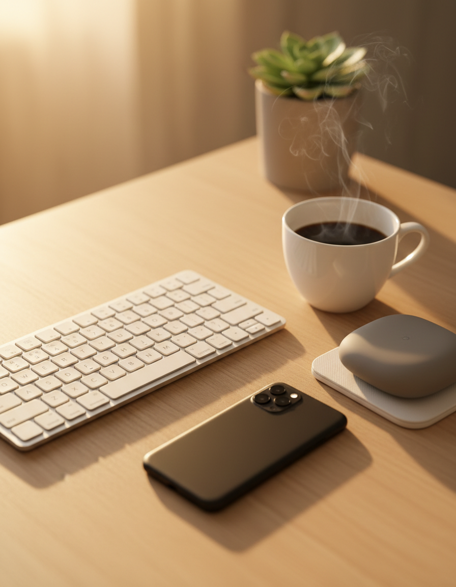 Tidy desk with keyboard, coffee, a face-down phone and the focus device