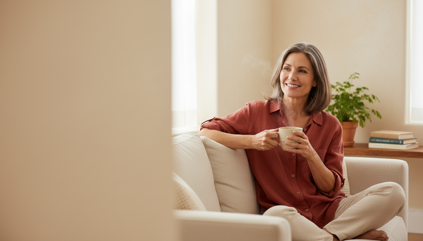 Relaxed woman in her fifties smiling on a cream sofa, holding a warm mug