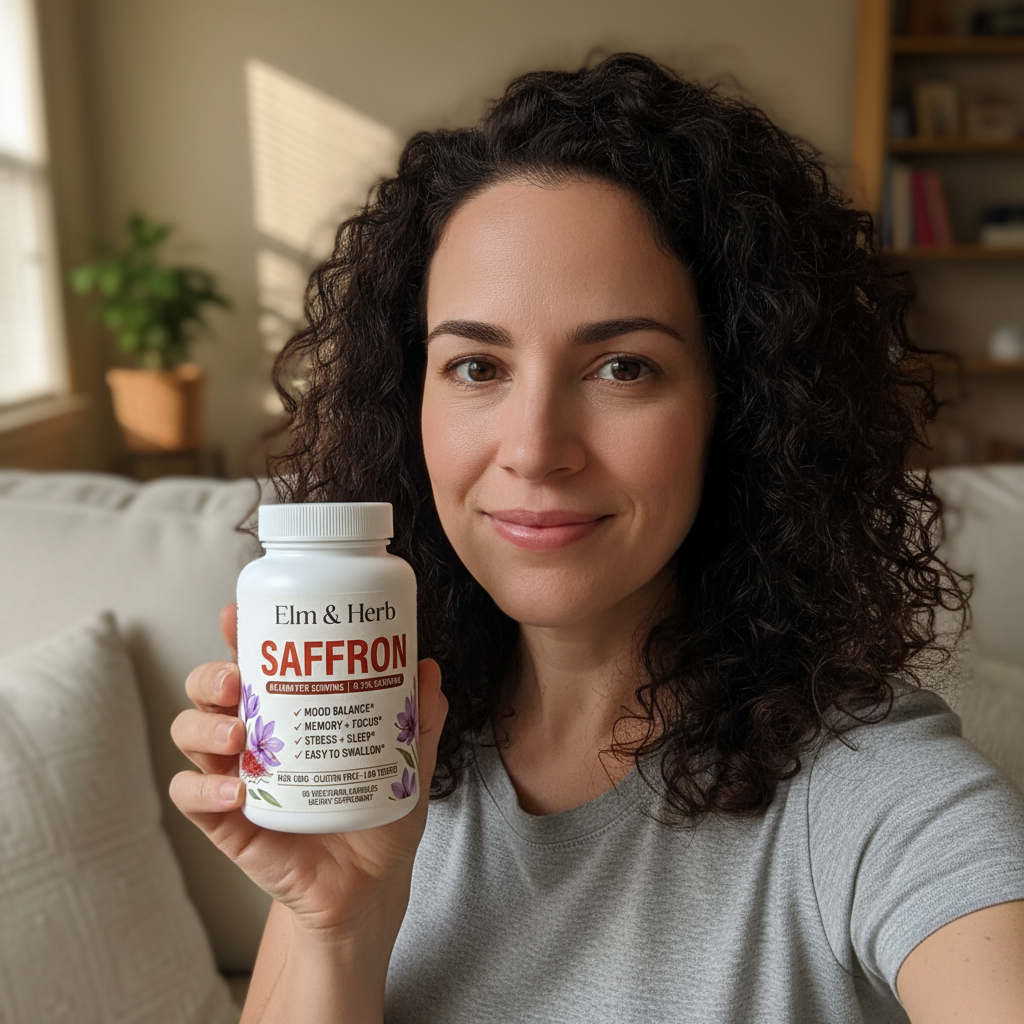 Customer Aisha holding her bottle of Elm & Herb Saffron on her sofa