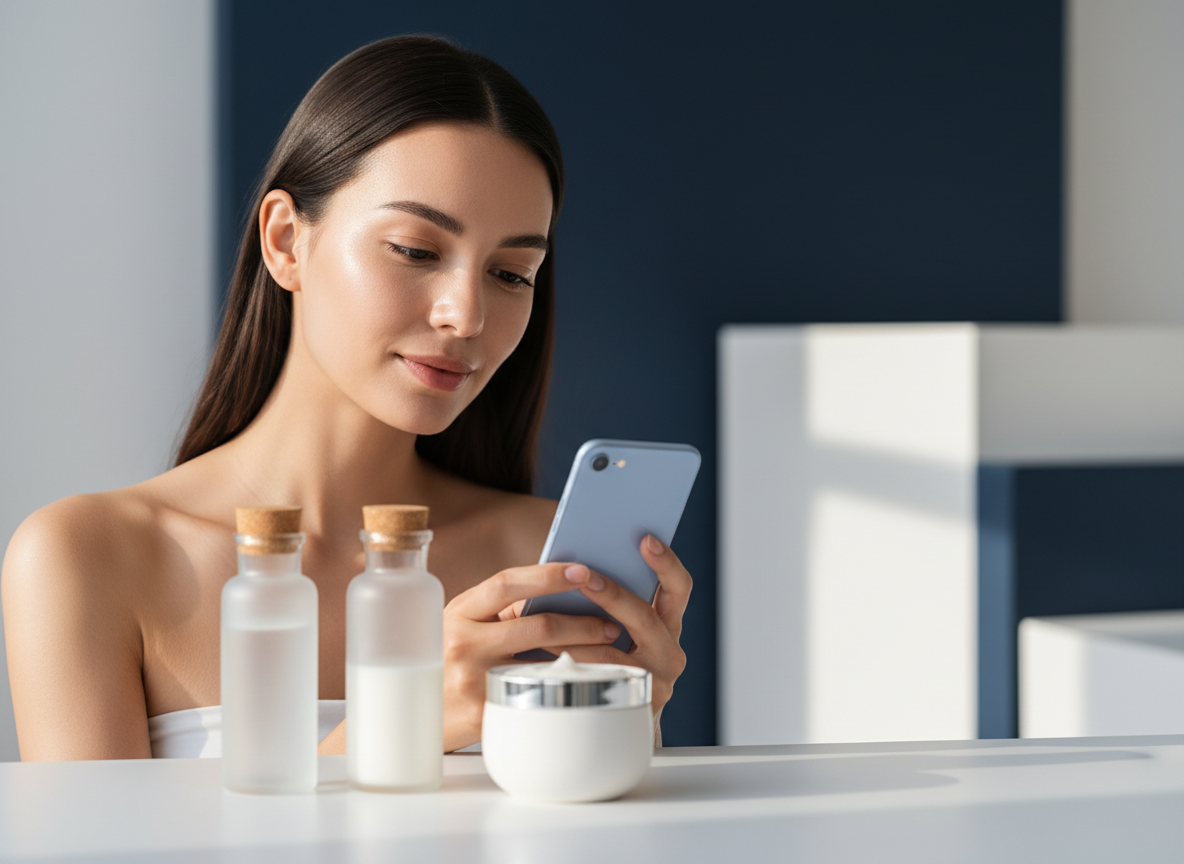 Mujer consultando su móvil junto a su rutina de skincare