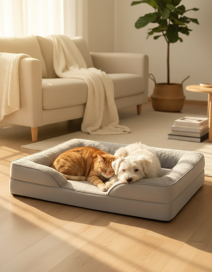 Ginger cat and small dog sharing a grey sofa pet bed