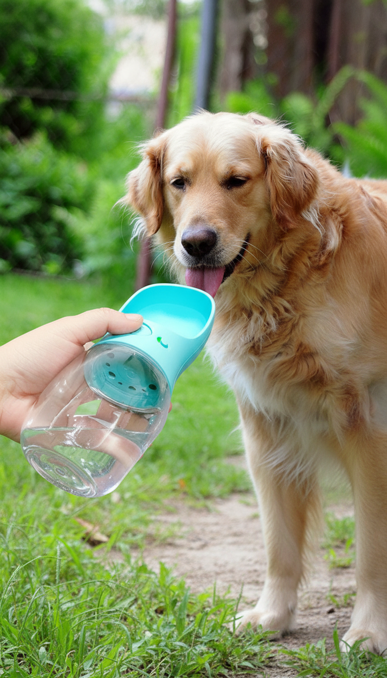 Golden retriever drinking from a portable pet water bottle