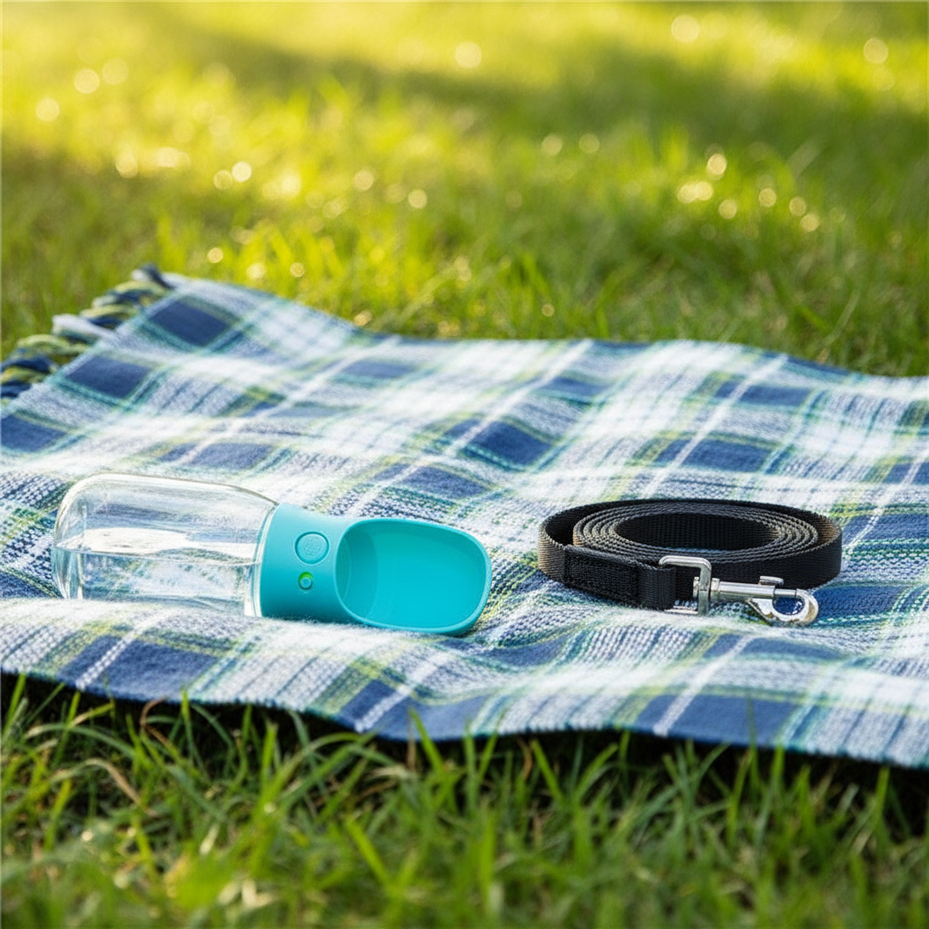 Turquoise portable pet water bottle on a picnic blanket next to a leash