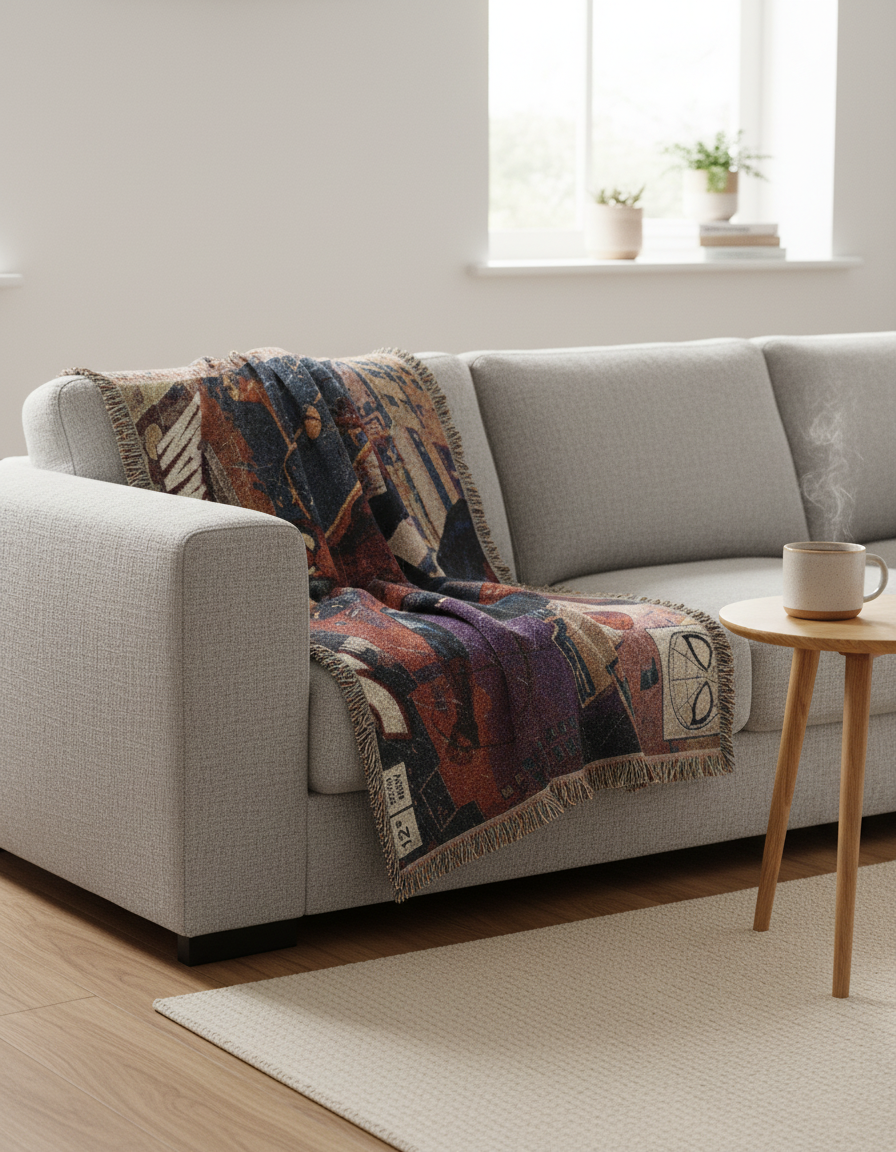 Spider-Man retro comic woven throw blanket draped over a sofa in a sunlit living room