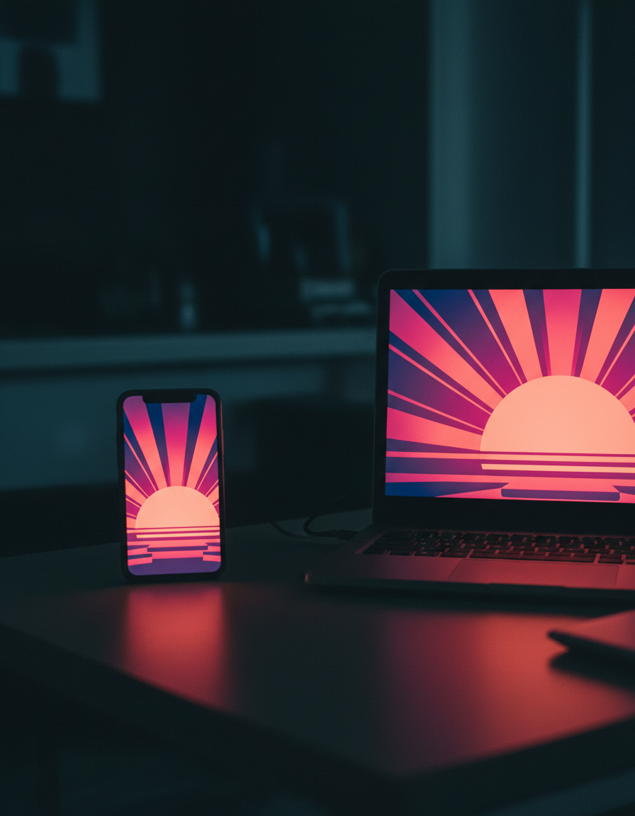 Phone and laptop glowing with neon Art Deco wallpapers on a dark desk