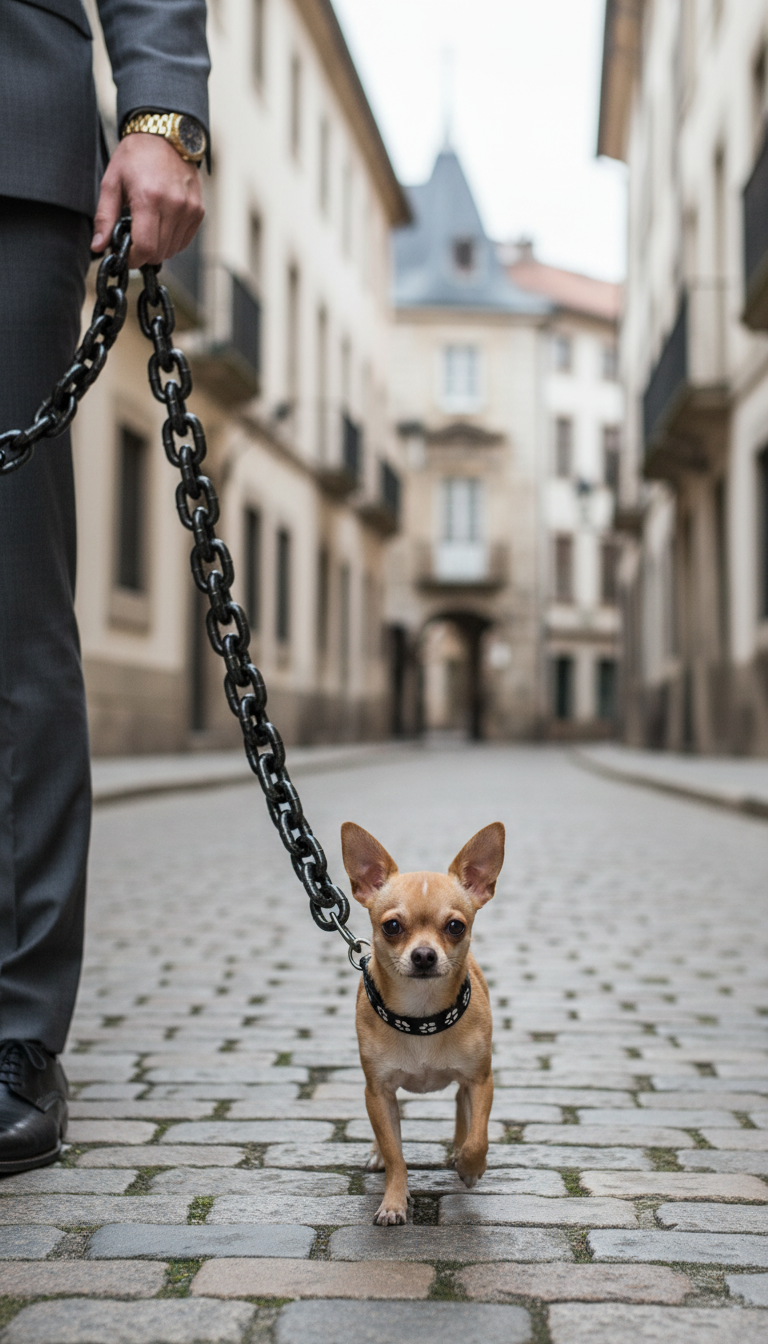 A small dog walking a cobblestone street on The Chain Leash
