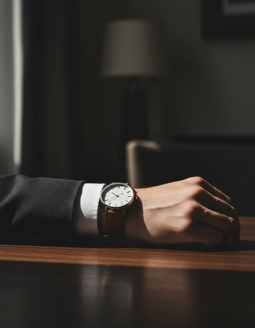 Steel watch with tan leather strap worn with a charcoal tailored jacket