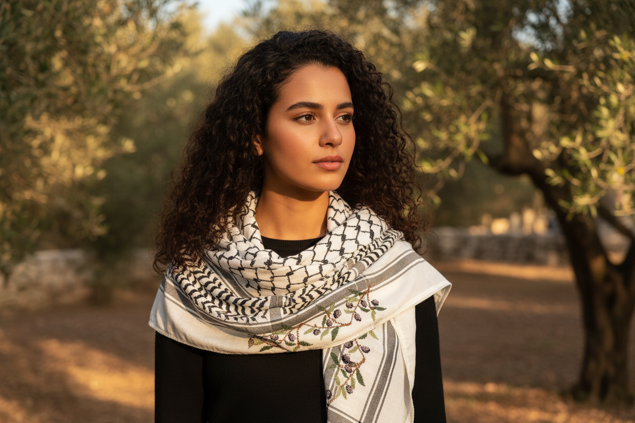 Woman in an olive grove wearing a keffiyeh with an olive border
