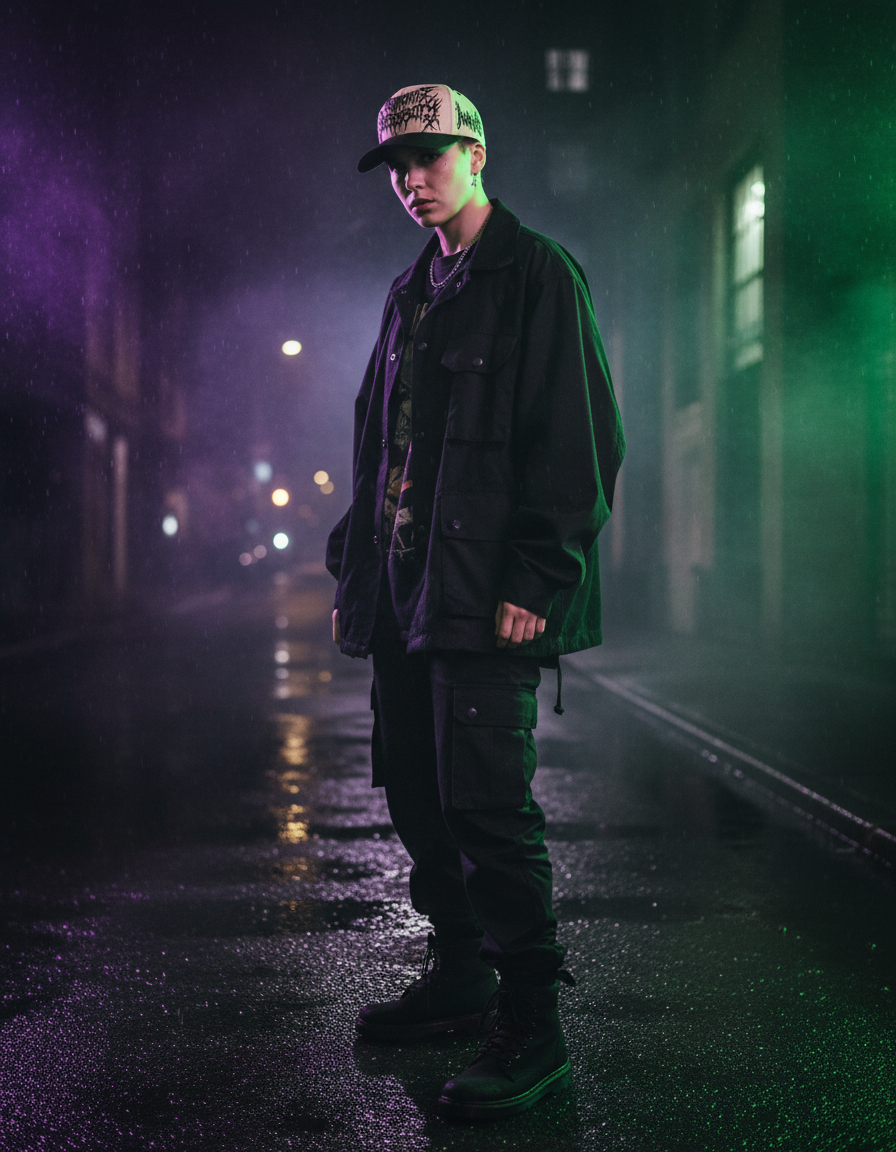 Model in the cream and black Roaming Hat on a neon-lit street at night