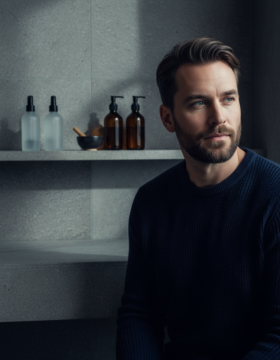Hombre con barba en un baño moderno de piedra gris