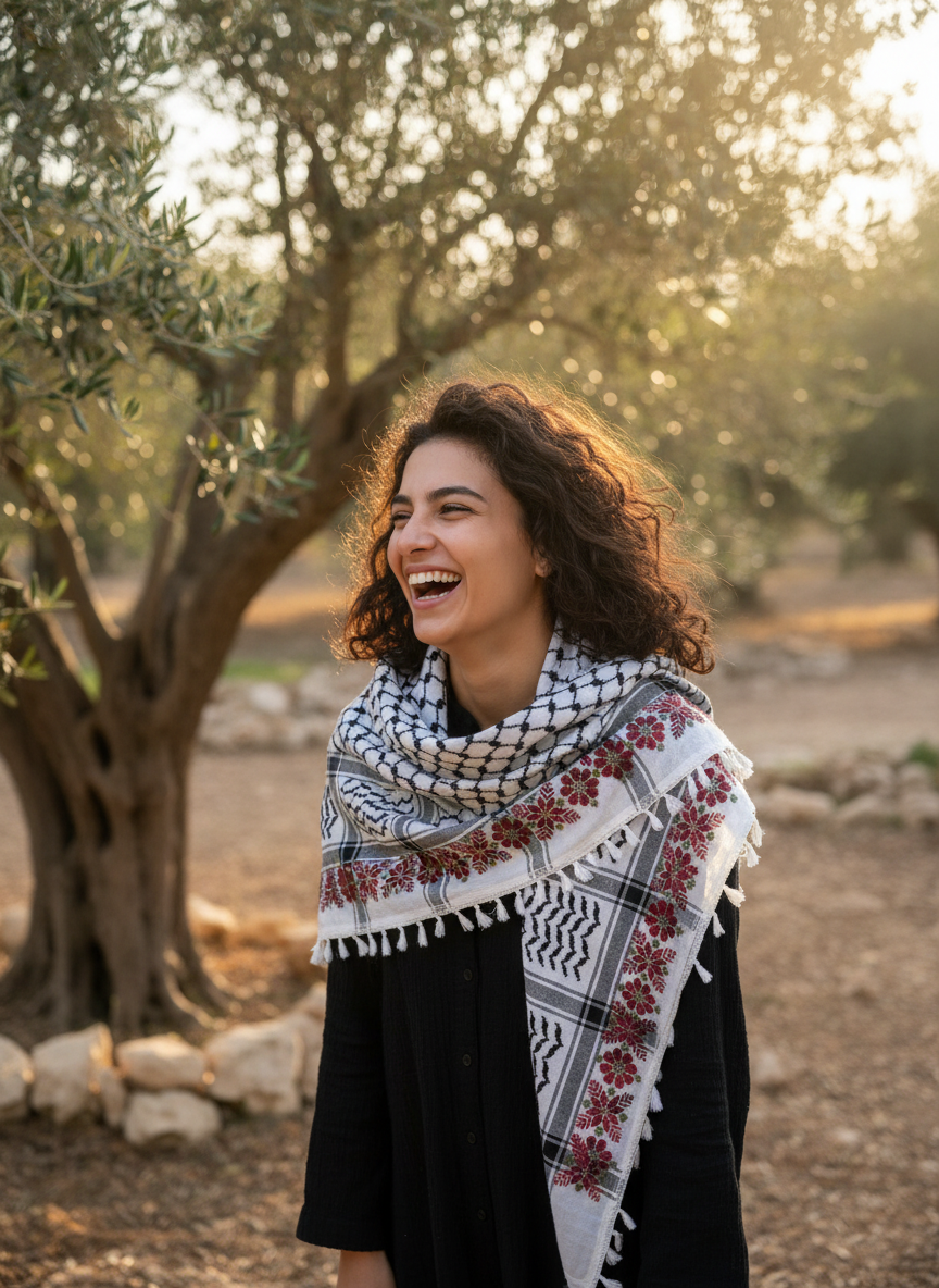 Woman laughing in an olive grove with a keffiyeh over her shoulders