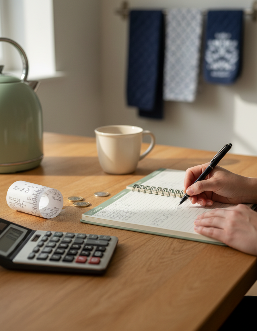 UK monthly budget planner being filled in by hand next to a calculator and a supermarket receipt